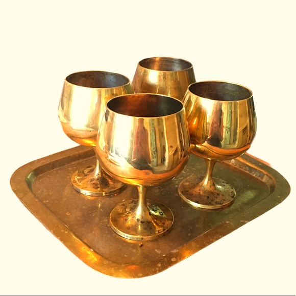 Vintage Other - Gold Brass Goblet Cups and Tray
